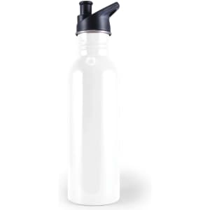 A drink bottle in a sleek, minimalist design with a white body and a black spout cap.