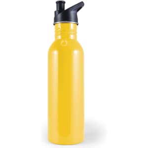 A drink bottle in bright yellow with a black lid and spout, featuring a sleek, cylindrical design.