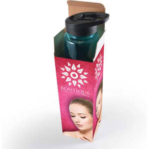 A drink bottle in a cardboard packaging, featuring a transparent blue body and a black lid. The packaging includes branding.