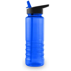 A drink bottle in vibrant blue with a black lid and straw, featuring a textured grip for easy handling.