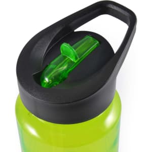 A drink bottle featuring a bright green body and a black lid with a flip-top spout. It has a curved handle and a logo.