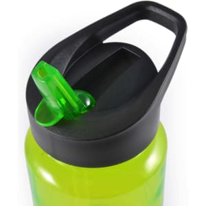 A drink bottle with a bright green body and a black lid featuring a flip-top straw for easy sipping.