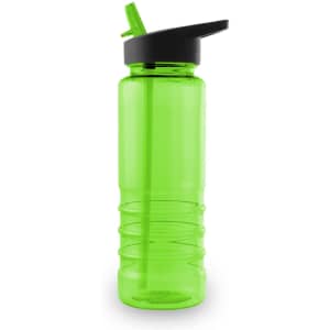 A drink bottle in bright green with a black lid and built-in straw, featuring a textured grip.