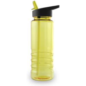 A drink bottle with a bright yellow body and a black flip-top lid, featuring a built-in straw for easy sipping.