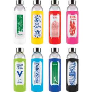 A drink bottle set featuring various colours, designs, and a metal lid, all with different printed graphics and logos.