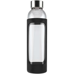 A drink bottle with a clear glass body and a black silicone sleeve, featuring a silver metal cap.