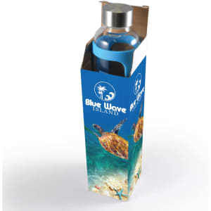 A drink bottle with a blue silicone sleeve, displayed in a cardboard box featuring a colorful marine design.