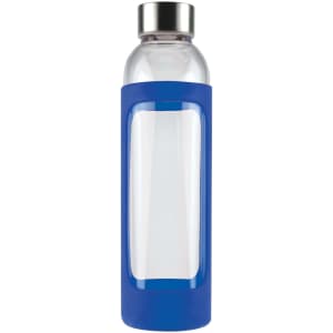 A drink bottle with a clear glass body and a blue silicone sleeve, featuring a metal cap and a branding logo.