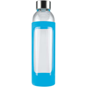 A drink bottle with a clear glass body and a bright blue silicone sleeve, featuring a metallic cap and logo.