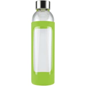 A drink bottle with a transparent glass body and a bright green silicone sleeve, featuring a metal cap.