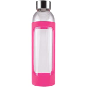 A drink bottle featuring a clear glass body and a vibrant pink silicone sleeve, topped with a stainless steel cap.