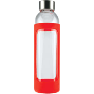 A drink bottle with a transparent glass body and a bright red silicone sleeve, topped with a stainless steel cap.