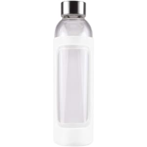 A drink bottle with a clear glass body and a white silicone sleeve, featuring a silver metal cap.