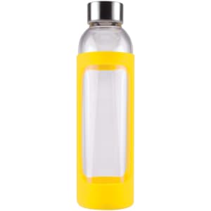 A drink bottle featuring a clear glass body with a bright yellow silicone sleeve and a stainless steel cap.