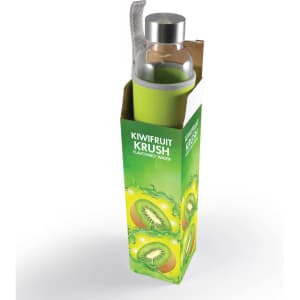 A drink bottle with a clear glass body and a green neoprene sleeve, packaged in a bright box with kiwi graphics.