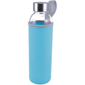 A drink bottle made of glass featuring a sleek design, encased in a light blue neoprene sleeve with a grey handle.