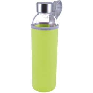 A drink bottle with a glass body and a bright green neoprene sleeve, featuring a silver cap and carrying loop.