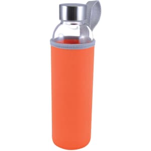 A drink bottle with a clear glass body and an orange neoprene sleeve, featuring a silver metal lid.