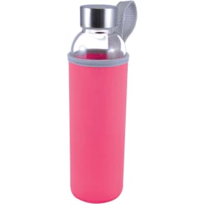 A drink bottle with a clear glass body and a pink neoprene sleeve, featuring a silver cap and a carrying loop.