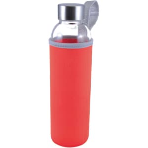 A drink bottle with a clear glass body and a red neoprene sleeve, featuring a silver lid and a carry loop.