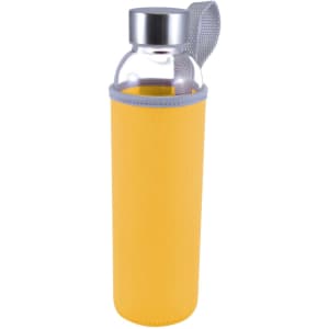 A drink bottle with a transparent glass body and yellow neoprene sleeve, featuring a silver cap and a carrying loop.