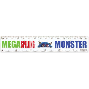 A white 15cm ruler featuring a colourful design with the words "MEGA SPELLING MONSTER" and a cartoon monster illustration.