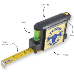 A tape measure with a yellow measuring tape, belt clip, level, pen, and a pad. Features a logo on the side.