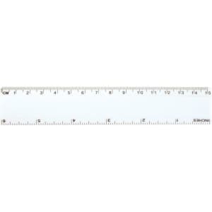A white 15 cm ruler with both centimeter and inch markings.