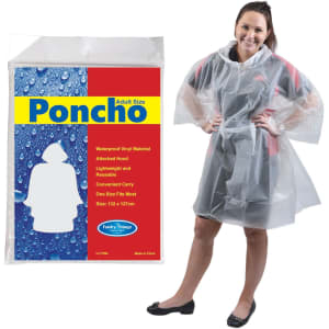A waterproof, white poncho with an attached hood, displayed alongside its packaging featuring a logo.