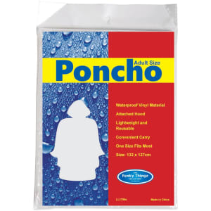 A waterproof poncho in adult size, made of vinyl, featuring an attached hood and convenient carry. Colorful packaging includes branding.