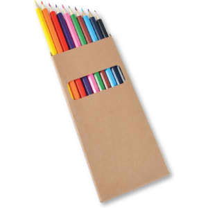 A set of coloured pencils packaged in a brown cardboard box, featuring various vibrant colors.