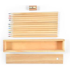 A set of wooden colored pencils in various colors with a small sharpener, presented in a wooden case.