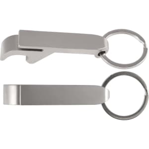 A drink bottle opener and keytag in silver, featuring a sleek design and a keyring attachment.