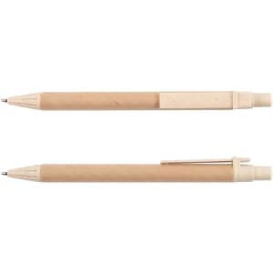 A brown eco-friendly pen with a textured surface and contrasting cream-colored details. It has a logo on one side.