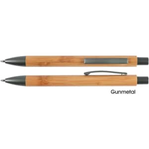 A bamboo pen with gunmetal accents, featuring a sleek design and a clip. It has a logo on the barrel.
