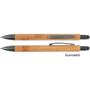 A bamboo pen and stylus set featuring a gunmetal clip and tip, shown from two angles.