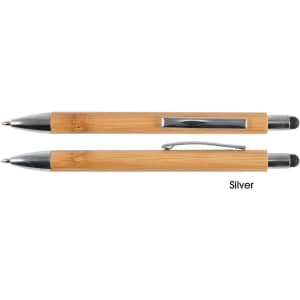 A bamboo pen and stylus in natural wood color with silver accents, featuring a logo on the side.