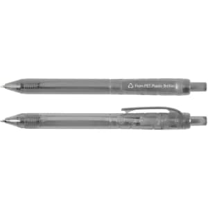 A set of gray plastic pens with a transparent body, featuring a branding logo.