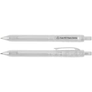 A clear plastic pen named Raptor RPET Pen, made from recycled PET plastic bottles, displayed in two angles.