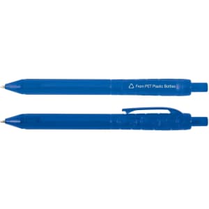 A blue pen, made from recycled PET plastic bottles, featuring a clip and a rounded tip. It has a logo.