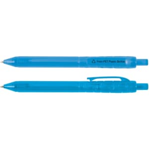 A blue plastic pen set featuring two different styles, both with a logo. Made from recycled PET plastic bottles.
