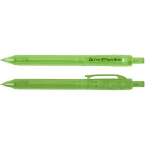 A green pen made from recycled PET plastic bottles, featuring a clip and transparent design, with branding on the barrel.