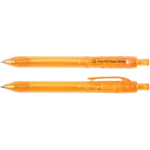 Two orange plastic pens are displayed, featuring a transparent design and one with a clip. Both have a logo.
