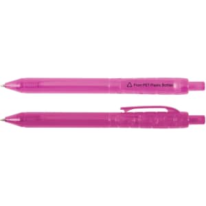 Two pink plastic pens made from recycled PET bottles, featuring a clip and transparent design.