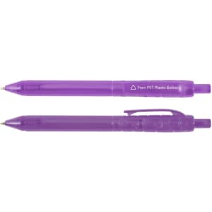A purple plastic pen made from recycled PET bottles, featuring a click mechanism and logo.