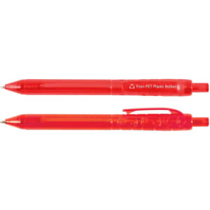 Two red plastic pens, featuring a transparent design and a logo, packaged together.