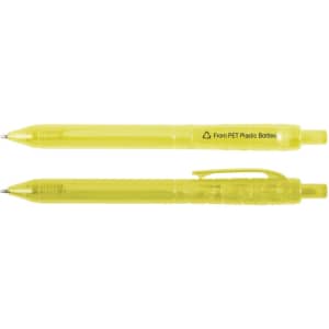 A pair of bright yellow plastic pens featuring a clip and a branding logo.