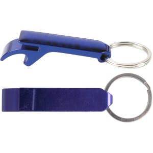 A drink bottle opener keytag in a shiny purple color, featuring a keyring attachment.