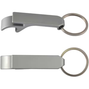 A drink bottle opener in sleek silver metal, featuring a keyring attachment for convenience.