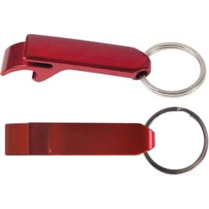 A red metal bottle opener keytag featuring a sleek design and attached keyring.